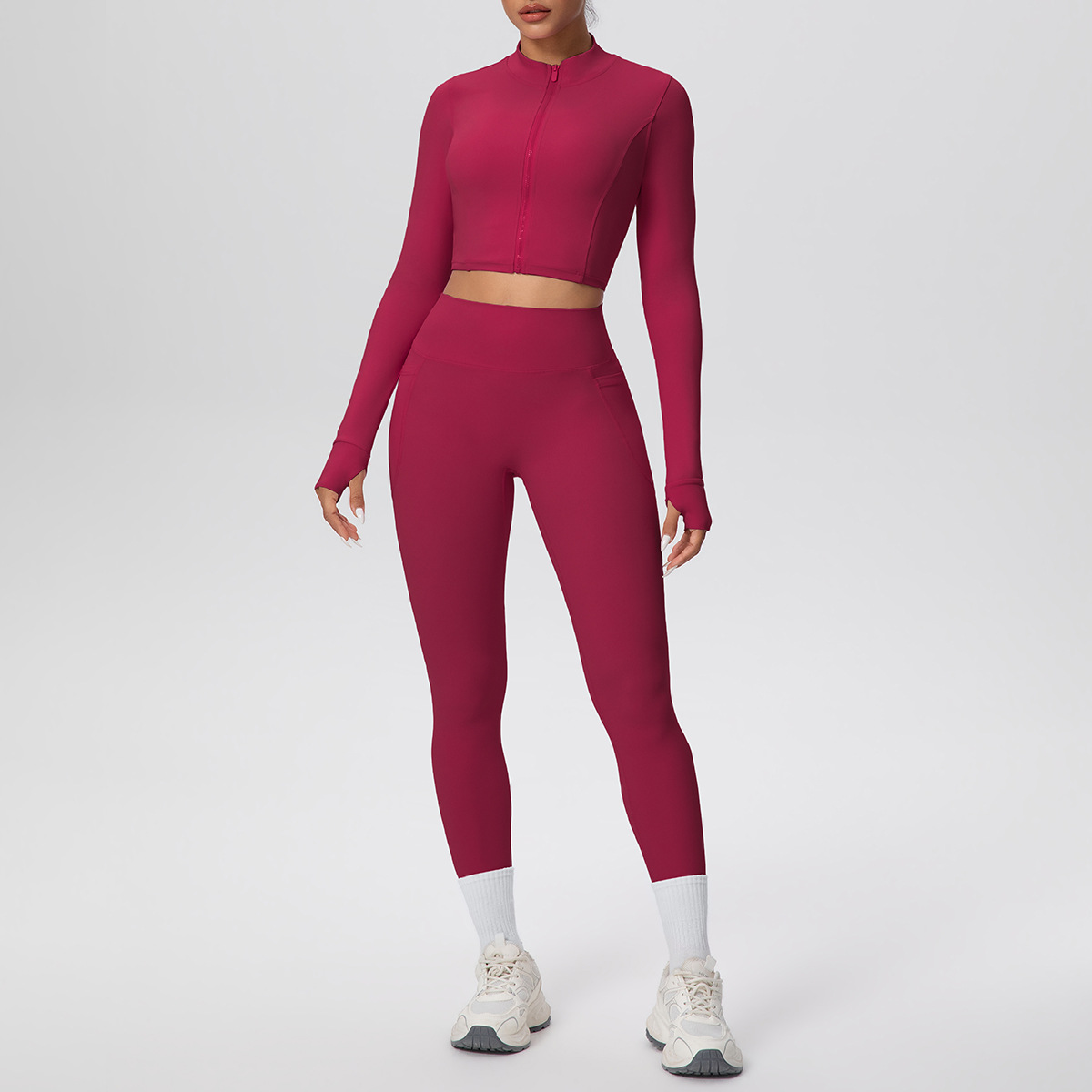 Cropped Zip-Up Yoga Set with High-Waist Leggings & Pockets - Image 14