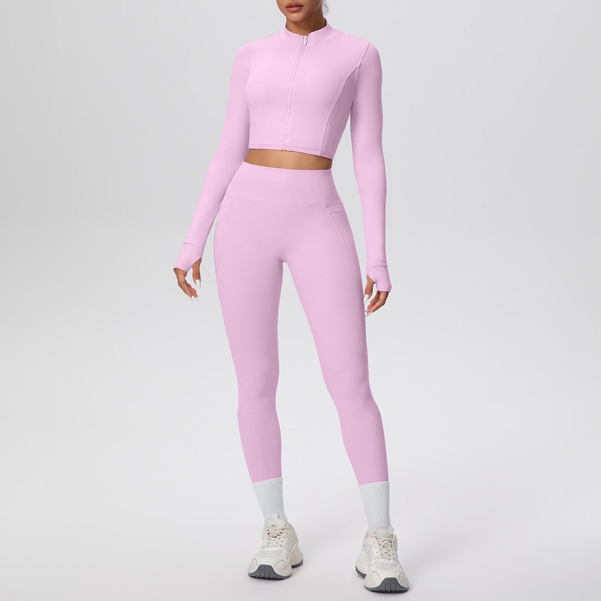 Cropped Zip-Up Yoga Set with High-Waist Leggings & Pockets - Image 15