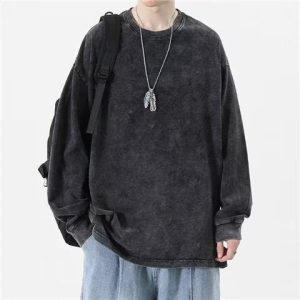 Style Vintage Pure Cotton Old Wash Water Long-sleeved T-shirt Men's High Street Loose Couple's Round Neck Pullover T-shirt Top