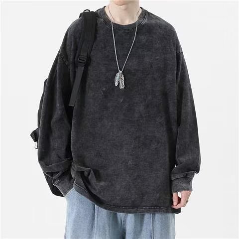 Style Vintage Pure Cotton Old Wash Water Long-sleeved T-shirt Men's High Street Loose Couple's Round Neck Pullover T-shirt Top