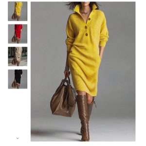 Women’s Knit Midi Dress Long Sleeve Loose Fit Casual Sweater Dress