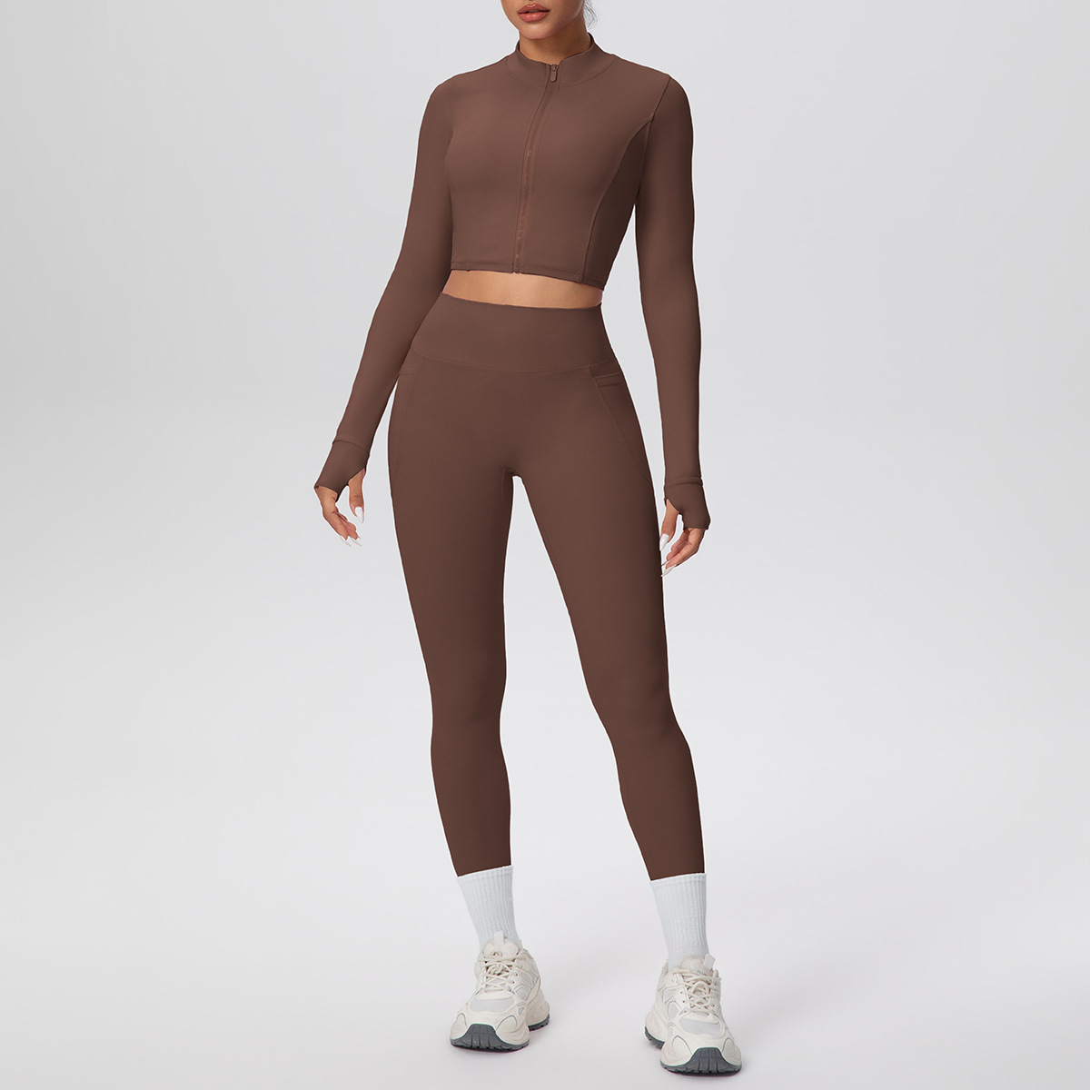 Cropped Zip-Up Yoga Set with High-Waist Leggings & Pockets - Image 6