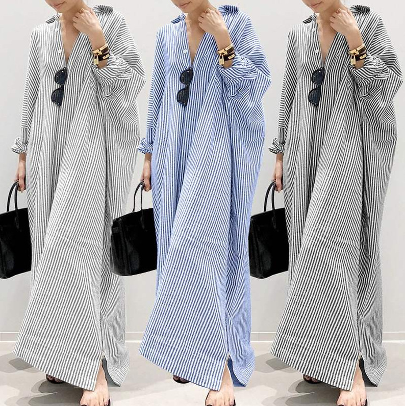 Large size women's clothing wholesale long skirt striped straight tube skirt shirt skirt loose jacket seven quarter sleeve dress - Image 2