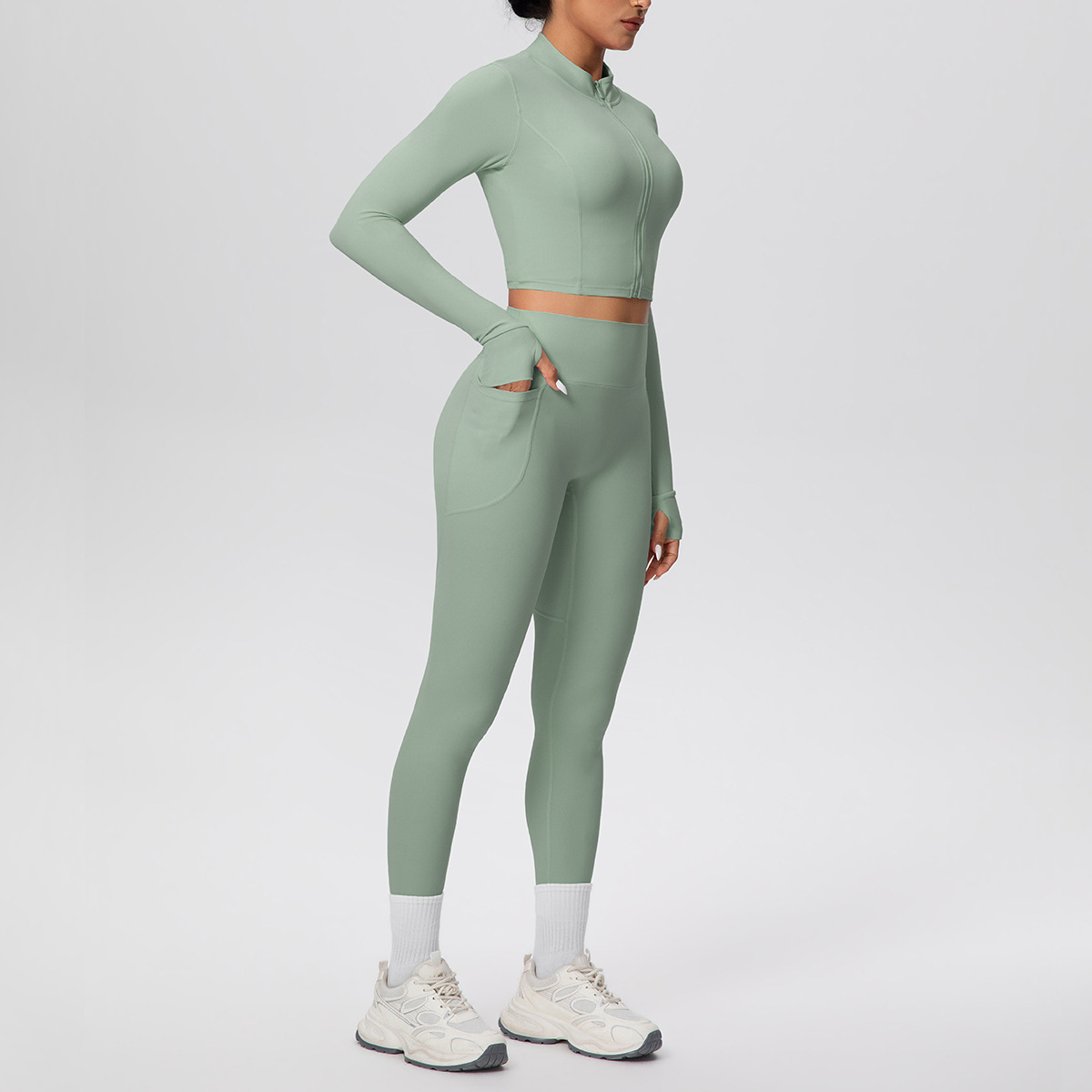 Cropped Zip-Up Yoga Set with High-Waist Leggings & Pockets - Image 3
