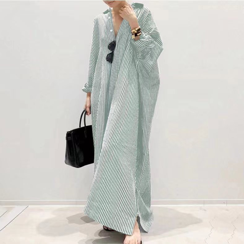Large size women's clothing wholesale long skirt striped straight tube skirt shirt skirt loose jacket seven quarter sleeve dress - Image 7