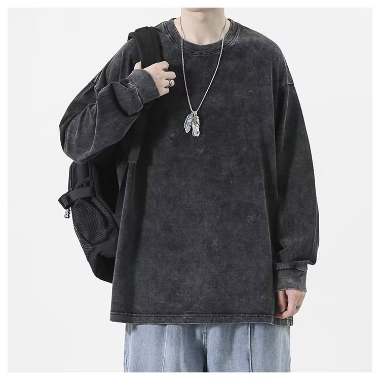 Style Vintage Pure Cotton Old Wash Water Long-sleeved T-shirt Men's High Street Loose Couple's Round Neck Pullover T-shirt Top - Image 4