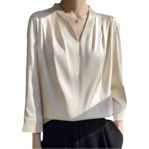 New simulation silk top satin chiffon V-neck top with seven quarter sleeves