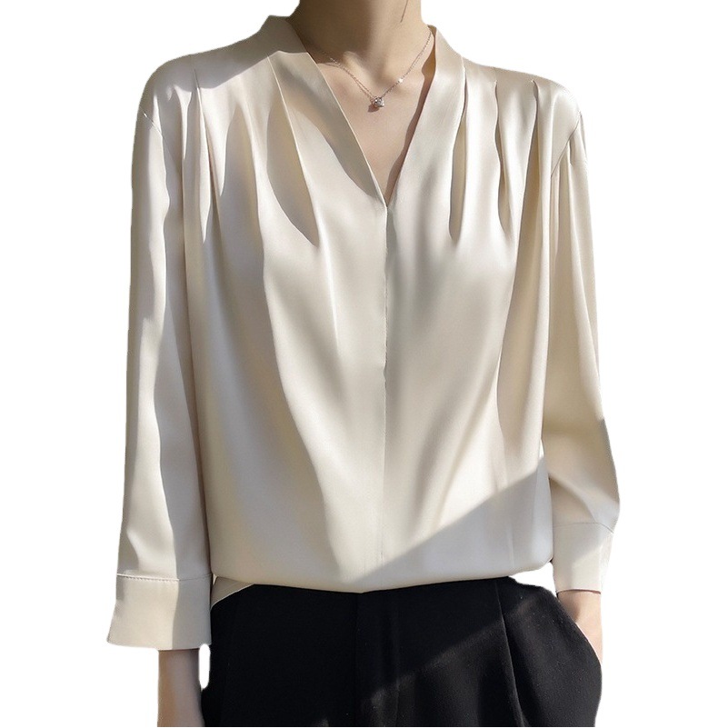 New simulation silk top satin chiffon V-neck top with seven quarter sleeves