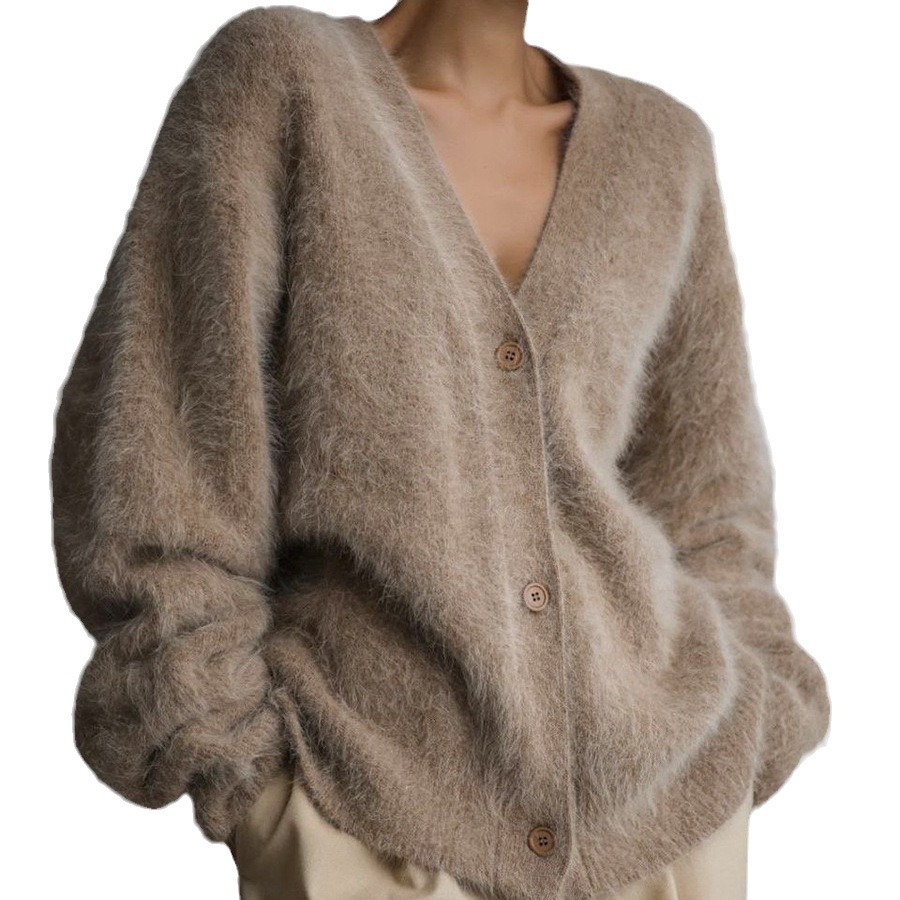 Mink V-neck Knitted Sweater Women's Loose Solid Color Cardigan Women's Coat - Image 5