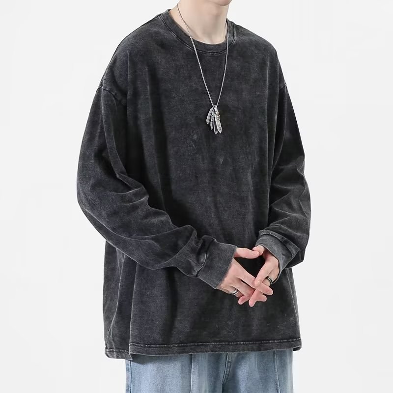 Style Vintage Pure Cotton Old Wash Water Long-sleeved T-shirt Men's High Street Loose Couple's Round Neck Pullover T-shirt Top - Image 2