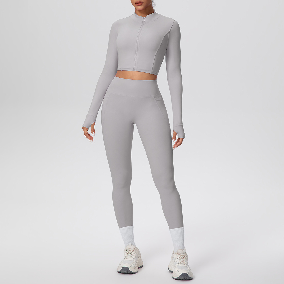 Cropped Zip-Up Yoga Set with High-Waist Leggings & Pockets - Image 12