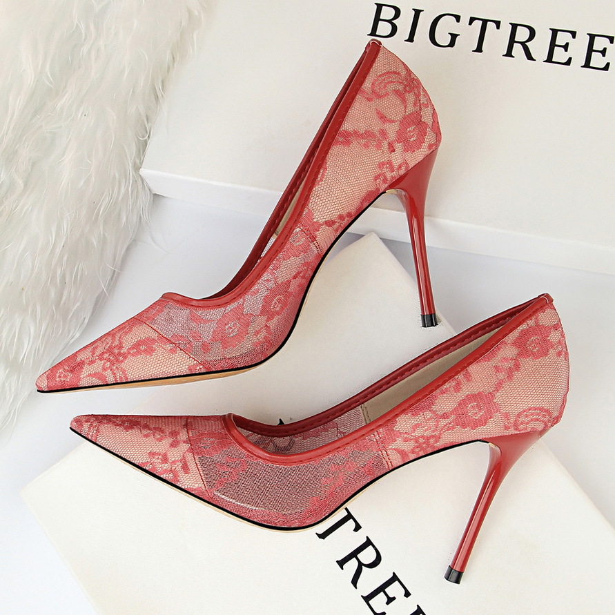 Sexy slimming high heels women's shoes stiletto high heel shallow mouth pointed mesh hollow lace shoes - Image 8