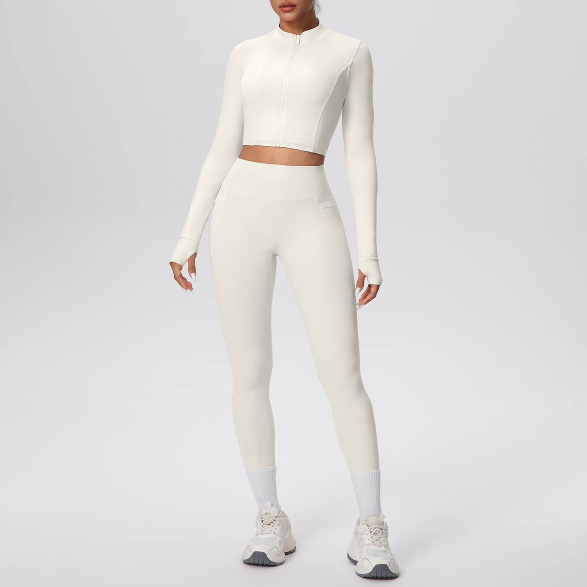 Cropped Zip-Up Yoga Set with High-Waist Leggings & Pockets - Image 10