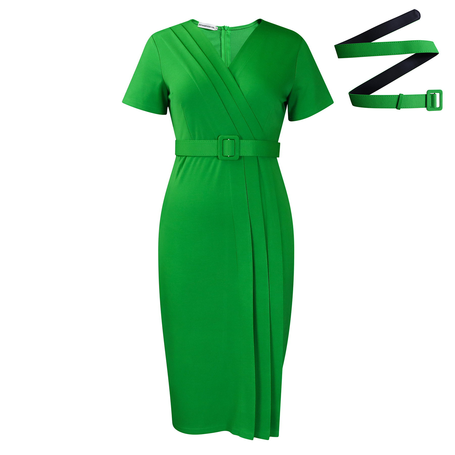 Elegant V-Neck Belted Pencil Dress – Short Sleeve Office Midi Dress - Image 8
