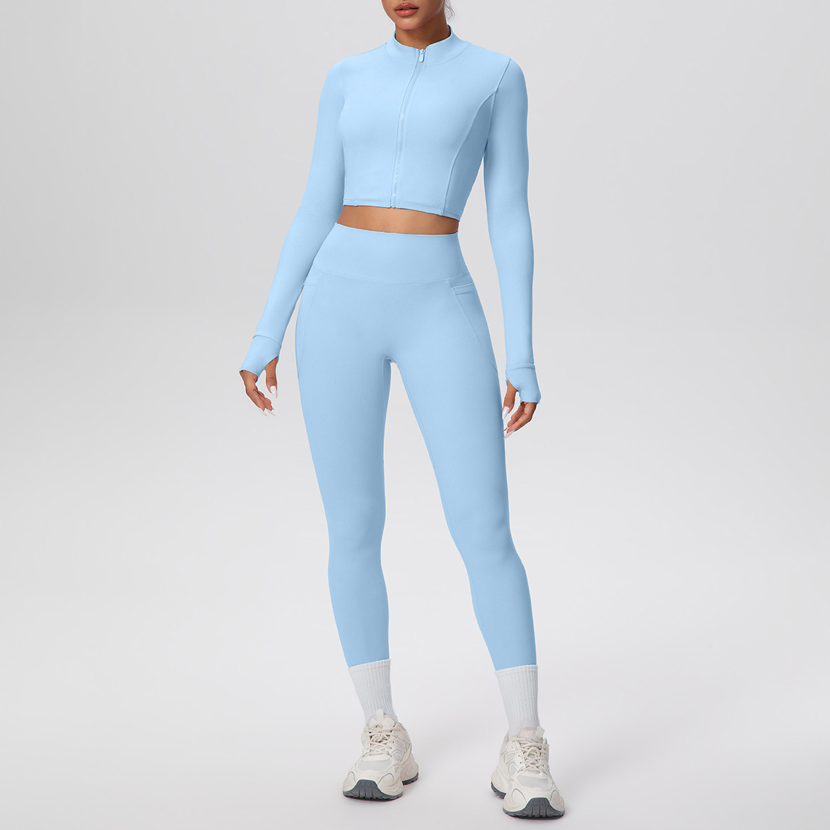 Cropped Zip-Up Yoga Set with High-Waist Leggings & Pockets - Image 13