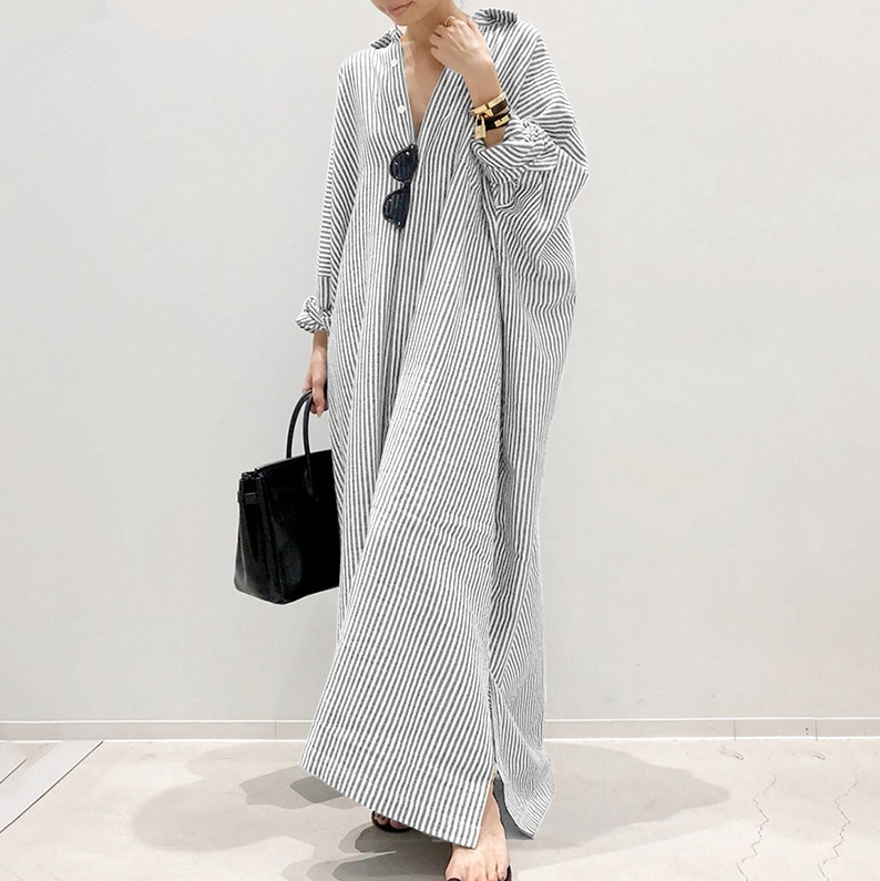 Large size women's clothing wholesale long skirt striped straight tube skirt shirt skirt loose jacket seven quarter sleeve dress - Image 4
