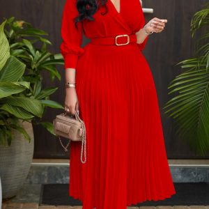 Women’s Elegant Pleated Midi Dress – V-Neck Belted High Waist Office Dress