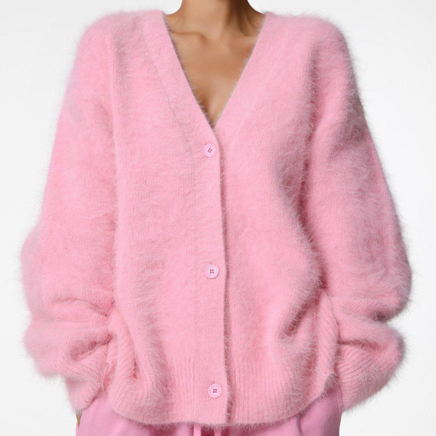 Mink V-neck Knitted Sweater Women's Loose Solid Color Cardigan Women's Coat - Image 7