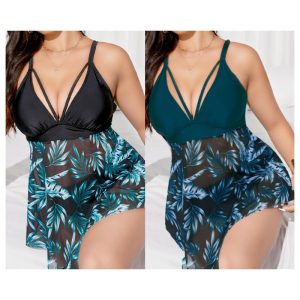 Plus Size Floral Print Bikini Swimsuit - Sexy V-Neck Beachwear with Skirt