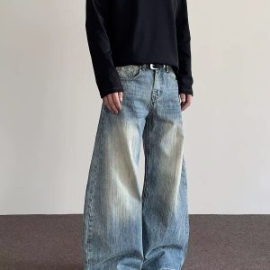 Men’s Washed Wide Leg Jeans – High Waist Straight Denim Pants