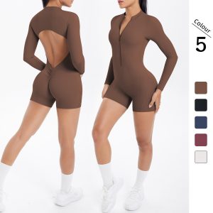 Women’s Backless Seamless Workout Romper Long Sleeve – Slim Fit Nylon Spandex Fitness Jumpsuit